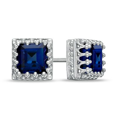 6.0mm Princess-Cut Lab-Created Blue Sapphire Crown Earrings in Sterling Silver 